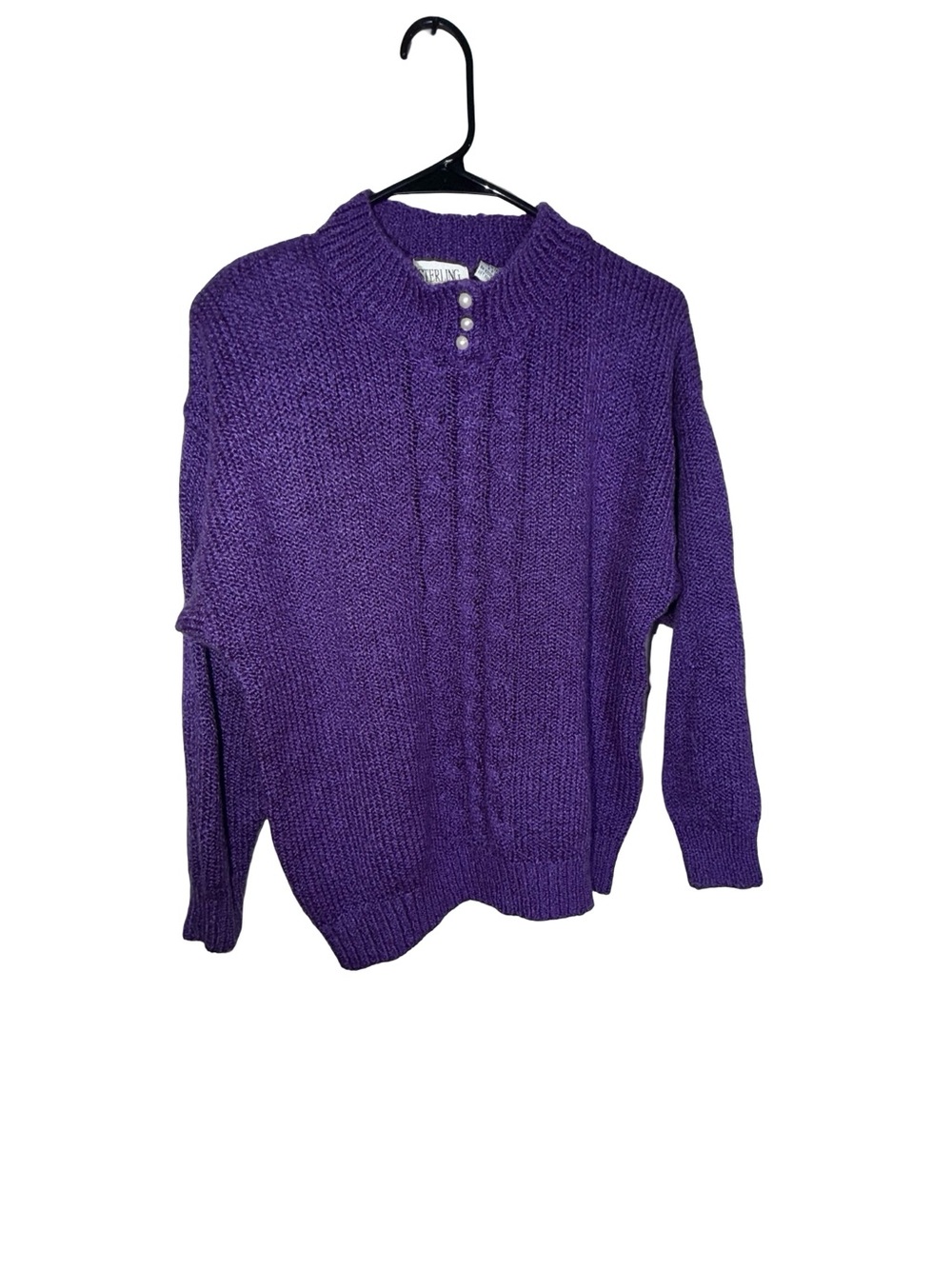 Crewneck Cable-Knit Sweater in Purple with Pearl Button Detail